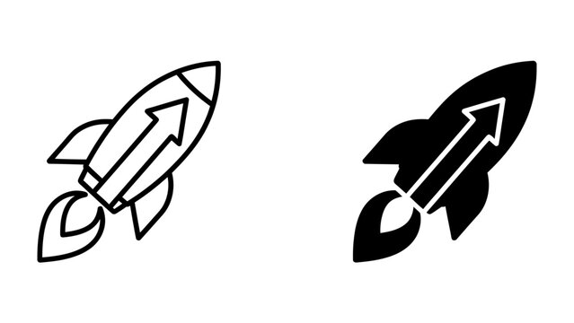 Rocketship of Innovation: A sleek rocket ship emblem, depicted in both line art and solid black, signifies rapid progress, technological advancement, and ambitious journeys into the future.