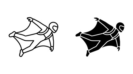 Wingsuit Flyer Icons: A silhouette of a person in a wingsuit, ready for flight. The design is presented in both outline and solid black, symbolizing extreme sports and aerial adventure. © Joynob