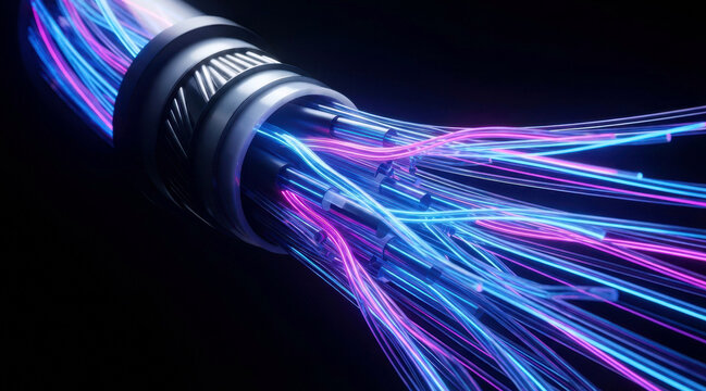 Macro CGI cross-section of a fiber optic cable core, glass strands splitting into brilliant blue and magenta light pulses, microscopic cladding layers, pristine silica reflections, and branching