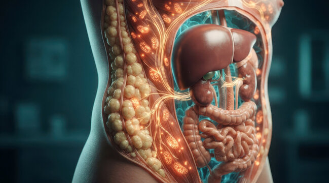 A human torso cutaway showing rapid fat loss transformation: shrinking adipose lobules, active mitochondria, a cleaner liver silhouette, and glowing metabolic pathways moving from stored fat to