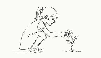Obraz premium Little girl crouching and touching a flower continuous line art drawing isolated on white background vector art