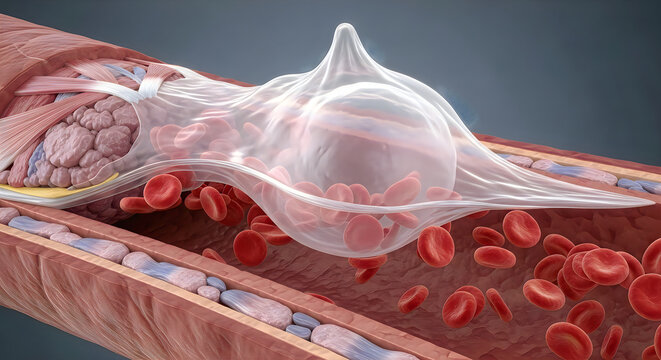 White blood cell moving through a human artery with red blood cells