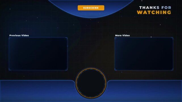 Futuristic dark blue animated YouTube end screen template with placeholders for previous and next videos.