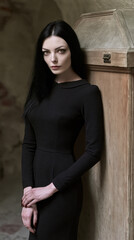 Fototapeta premium vampire woman with long raven hair in black dress, tall athletic female vampire portrait with hazel eyes, elegant gothic vampire with realistic skin and black dress