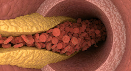 Obraz premium Red blood cells flowing through a human artery with plaque buildup
