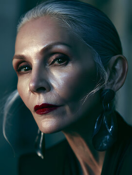 Mature woman with silver hair and bold red lipstick poses for a close-up portrait, showcasing striking facial features and elegant earrings against a softly blurred background