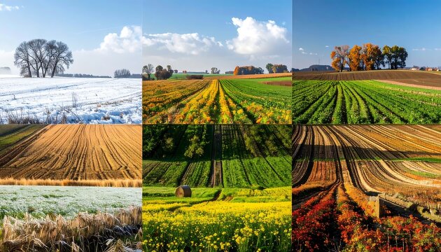 Colorful Seasonal Farmland Collage Showing Rural Fields and Trees in Countryside Landscape