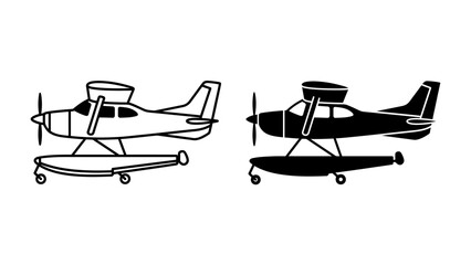 Seaplane Icons: A pair of stylized seaplane icons, one outlined and the other solid black, represent amphibious aircraft capable of landing and taking off from water surfaces. © Hussain