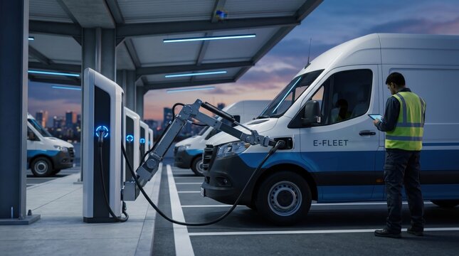 Commercial electric van fleet charging at automated station with robotic arm, futuristic logistics transport solution, worker monitoring battery status, urban delivery service i...
