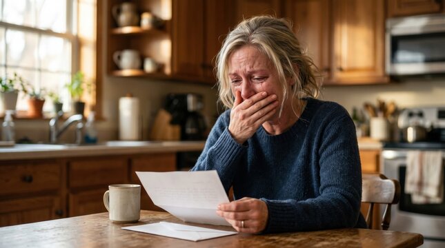 Stressed person struggling with debt and financial problems. Woman with blonde hair sitting at kitchen table holding letter, visibly distressed, coffee mug nearby, wooden cabinets in background