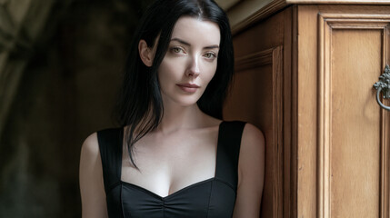 Fototapeta premium vampire woman with long raven hair in black dress, tall athletic female vampire portrait with hazel eyes, elegant gothic vampire with realistic skin and black dress