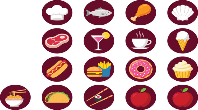 Food and restaurant vector circle icon set featuring chef hat steak hot dog taco burger fries sushi dessert.