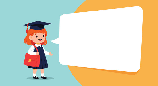 Young girl in a school uniform and graduation cap standing next to a large blank speech bubble on an orange and blue backdrop.
