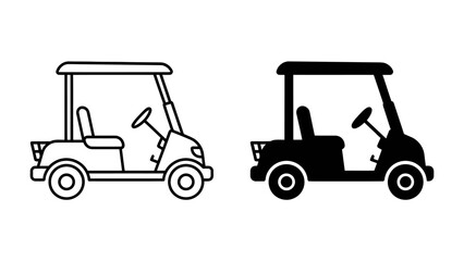 Naklejka premium Golf Cart Icon Duo: A clean line art and silhouette illustration of a golf cart, representing convenience and leisure on the greens.