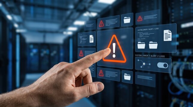 Close up hand touching warning alert icon on virtual interface in server room, system error notification, cybersecurity threat detection, database maintenance and network troubl...