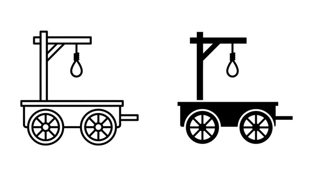 Gallows Cart Illustration: Two stylized illustrations of a gallows cart, one in outline and the other in solid black, depicting a historical instrument of punishment.