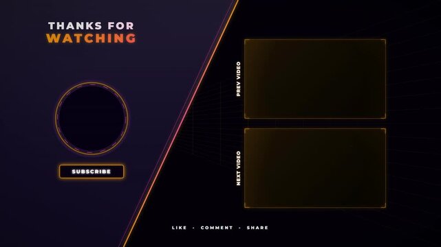 Modern animated end screen template for video content creators featuring placeholders for subscription and video links.