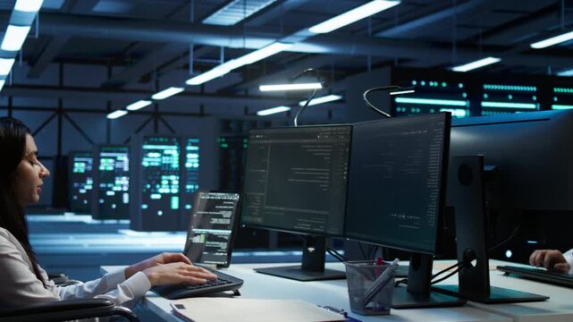 Wheelchair user uses a replaceable screen device in a server room, supporting network security, data protection and reliable infrastructure management