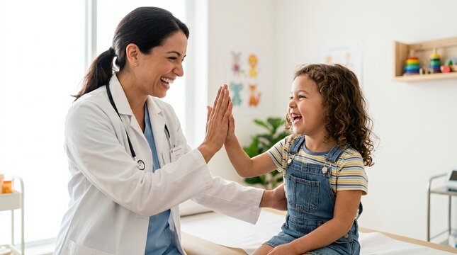 Smiling female doctor giving a high-five to a happy young girl during a friendly medical check-up in a bright clinic room.