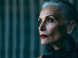 Mature woman with silver hair and bold red lipstick gazes thoughtfully, wearing a black outfit, against a softly blurred background with vertical lines © TatjanaMeininger