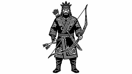 Fototapeta premium illustration of an Ainu hunter dressed in ornate traditional clothing, holding a geometric-patterned bow and a quiver of arrows on his back
