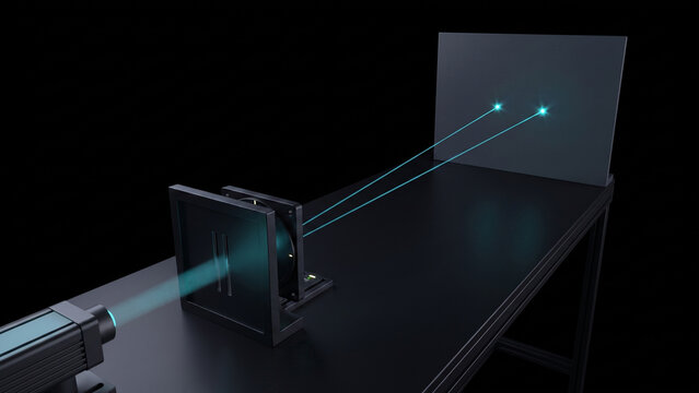 観測により干渉縞が消え2つの光点がスクリーンに映る二重スリット実験の物理学CG