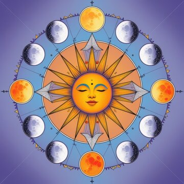 Sun and moon phases mandala, celestial illustration, astrology symbol, spiritual art