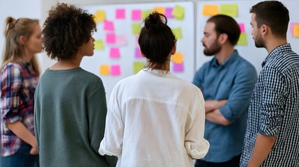 Obraz premium Group of people collaborating around a whiteboard covered with colorful sticky notes during a brainstorming session