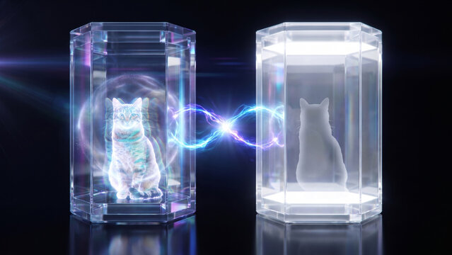 結晶カプセル間で重ね合わせ状態にある猫の量子テレポーテーションを描いたサイエンスCG
