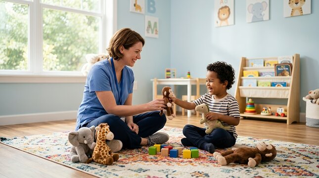 A caring woman and a young boy happily playing with stuffed animals and colorful blocks on a patterned rug in a bright, child-friendly room.