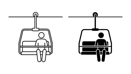 Ski Lift Gondola Icon: Two minimalist icons depict a ski lift gondola, one outlined and the other filled, showing a solitary person seated inside, ready to ascend a snowy mountain. © Mahbuba