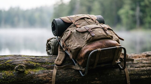 Bushcraft survivalist canvas backpack with leather straps and bedroll on mossy log by misty wilderness lake