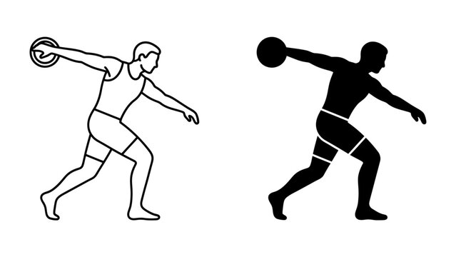 Discus Thrower Silhouette: A stylized illustration depicting a discus thrower in motion, captured in both line art and solid silhouette forms, showcasing the athleticism and grace of the sport.