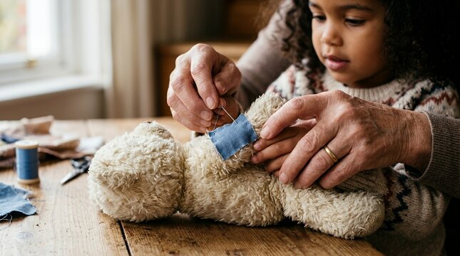 Adult hands sewing a blue patch onto a beige teddy bear while a young child watches closely, learning to mend a beloved toy.