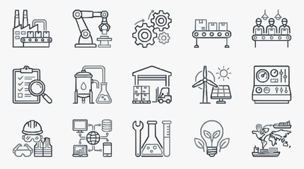 Fototapeta premium Creative Monochrome Line Icons Set Featuring Industrial Manufacturing Technology and Innovation Elements