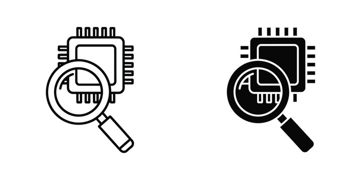 Computer processor chip inspection set featuring magnifying glass over microchip in outline and solid black style