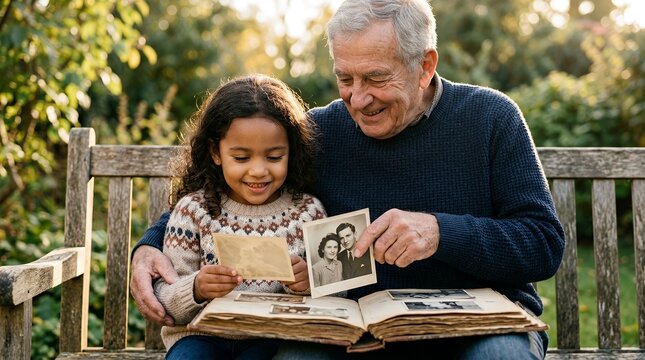 A smiling grandfather and his granddaughter sitting on a park bench, happily looking through an old photo album together, sharing family memories.