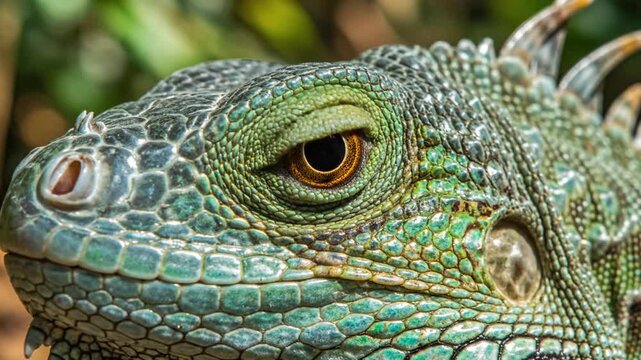 Close-up of a green lizard's scaly face and eye in a natural setting