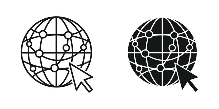 Global internet connection with globe grid and mouse cursor arrow in outline and solid black style network