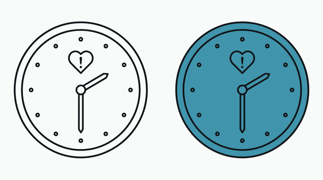 Two stylized clock icons featuring a heart with an exclamation mark symbol.