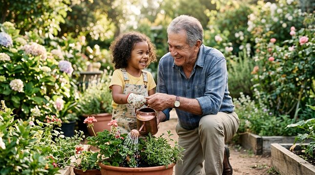 A happy grandfather and his granddaughter smiling while watering plants together in a beautiful, sunny garden.