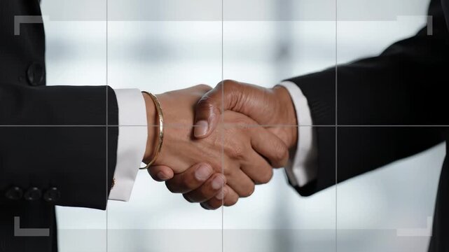Two Business Professionals Shaking Hands in Modern Office Setting