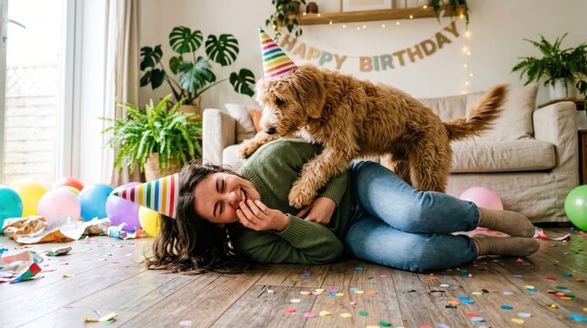 Happy brunette woman and fluffy dog in party hats for pet adoption anniversary celebration at home.