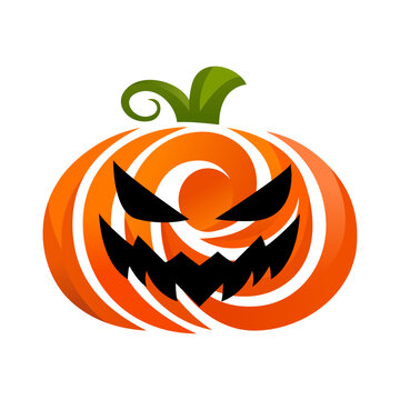 Logo Trick or Treat. Dibujo minimalista con ondas curvas en espiral de color naranja de una calabaza con cara, para su uso en Halloween