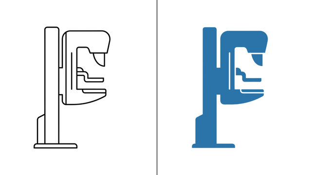 Two variations of a mammography machine icon in outline and solid blue styles.