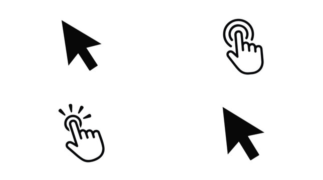 Close-up of various computer mouse cursor icons including arrow and hand pointer symbols on a white background