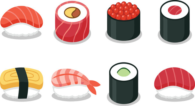 Japanese sushi vector illustration set featuring isometric nigiri maki rolls tamago ebi caviar and salmon icons isolated on white.