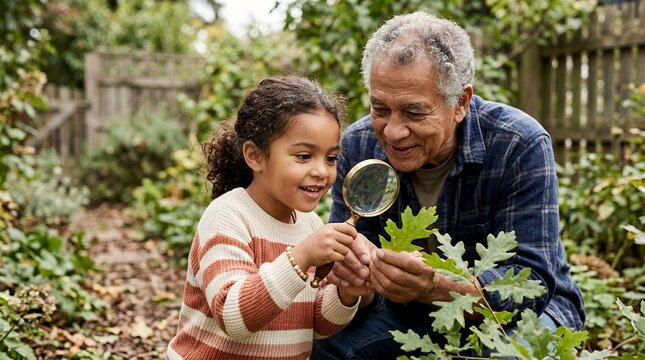 A smiling young girl and an older man examine a green leaf with a magnifying glass in a lush garden, exploring nature together.