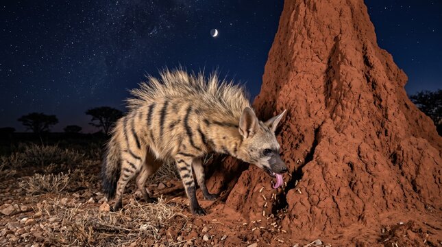 an aardwolf (proteles cristata) eating termites from a mound at night under a starry sky