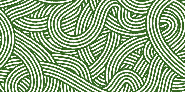 Green pasta pattern with wavy spaghetti lines. Italian cuisine and Asian ramen food background for packaging and menu design.